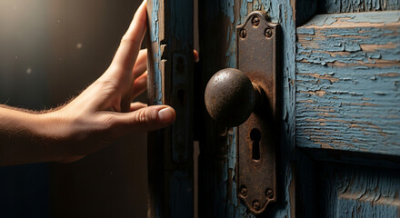 A hand pushes open a rustic, weathered blue door, stepping into a mysterious light filled with possibilities.