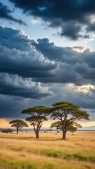 Obraz premium Dark grey clouds gather above the Serengeti National Park's savannah landscape at sunset
