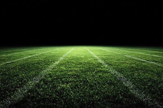 Empty sports field at night, lit by stadium lights.  Dark background,  bright green grass,  white field lines