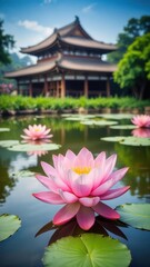 Lotus flowers blooming in a serene Buddhist temple pond