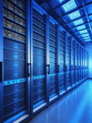 Server racks with rows of humming servers under bright blue lighting