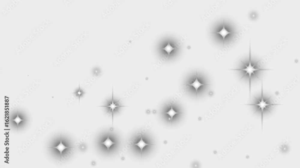 Poster glittering starlight particle effect with glowing, lens-flared starbursts and tiny scattered dots on