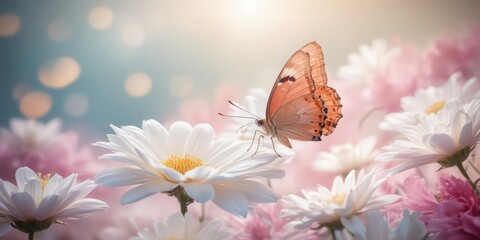 delicate pink butterfly resting on a white flower petal