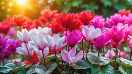 Close-up of vibrant cyclamen flowers in a colorful collection