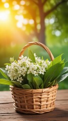 Fresh lily of the valley flowers arranged in a woven wicker basket against a warm sunlit background