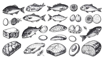 Hand-Drawn Monochrome Seafood Ingredients Composition for Culinary Creations