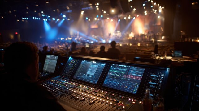Wideangle composition showcasing the FOH console aglow with blinking LEDs as the engineer finetunes audio settings with subtle ambient lighting on audience seating.