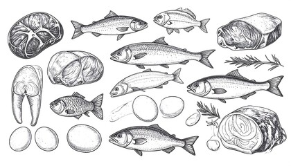 Hand-drawn monochrome sketch of seafood, meat, and eggs: culinary ingredients