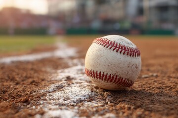 Baseball on a dirt infield. A worn baseball rests near a painted baseline on a sunlit baseball field