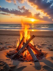 Sand beneath burning wood flames softly glowing on a beach at sunset