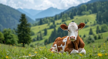 An image of cows resting on pastoral grasslands, suitable for eco-farm promotional posters, rural tourism brochures, and organic food advertisements.
