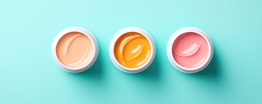 Creamy lip balms in jars, featuring soft pastel colors, evoke sense of freshness and hydration. Perfect for skincare enthusiasts