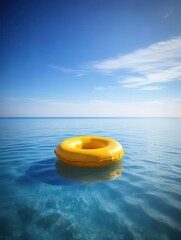 Bright yellow swim ring floating on a calm ocean surface against a serene white background