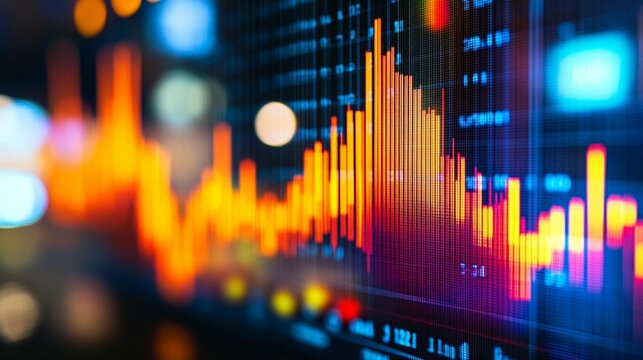Financial chart with vibrant orange and red lines on a screen, blurred city lights in the background