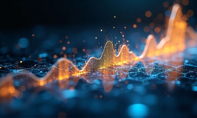 Abstract depiction of data visualization: A glowing orange line graph snakes across a dark blue, networked grid, representing complex data flow and analysis.