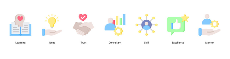 Learning Path web banner icon vector illustration featuring Learning, Ideas, Trust, Consultant, Skill, Excellence, and Mentor.