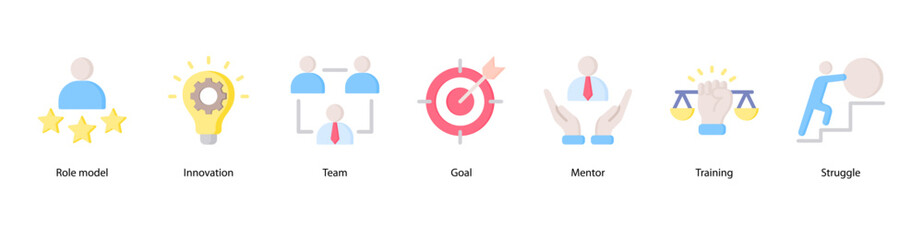 Role Model web banner icon vector illustration featuring Role Model, Innovation, Team, Goal, Mentor, Training, and Struggle.