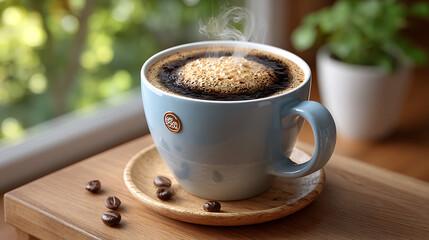 Warm cozy morning coffee cup with cookie and beans on rustic wooden surface by window