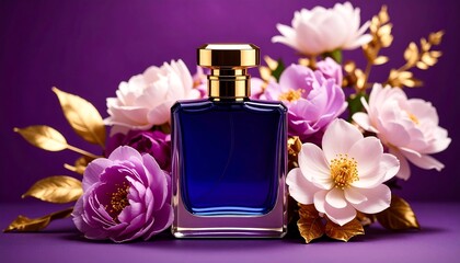 Perfume bottle amongst roses