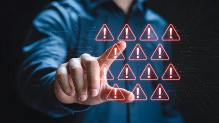 Stay Secure with Digital Protection, Pointing to Warning Signs on a Virtual Screen, Error Alert, Cybersecurity, Virus Detected, Data Breach Prevention