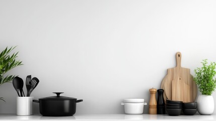 Modern Kitchen Counter with Cookware and Fresh Green Plants