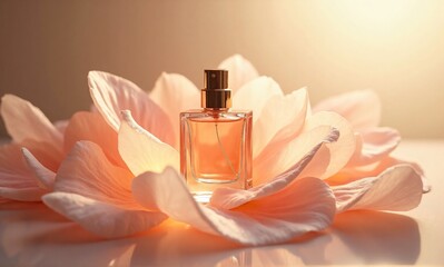 A delicate perfume bottle rests in the heart of a soft, peach-colored flower, bathed in warm, golden light. The scene evokes feelings of luxury and serenity.