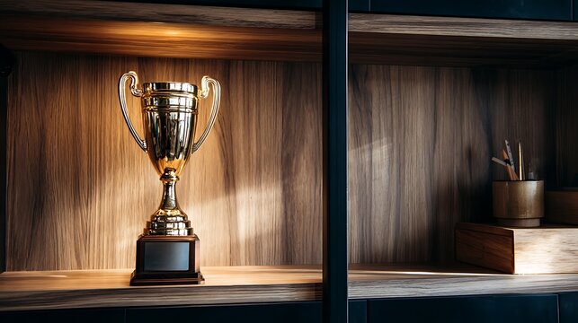 Gold trophy in wooden shelf.