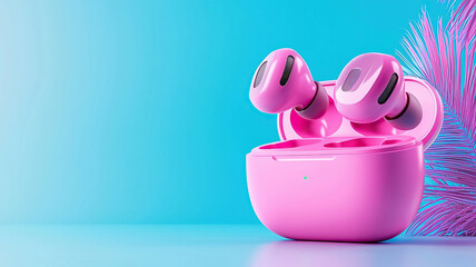 Sleek wireless earbuds in vibrant pink case, showcasing modern design against bright blue background, evoke sense of fun and innovation