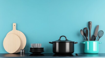 Modern Kitchen Countertop with Cookware and Kitchen Utensils Display