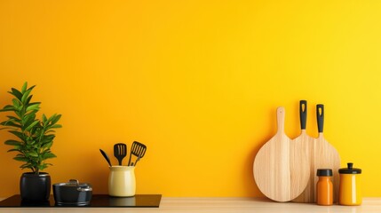 Bright and Cheerful Kitchen Decor with Yellow Wall and Utensils