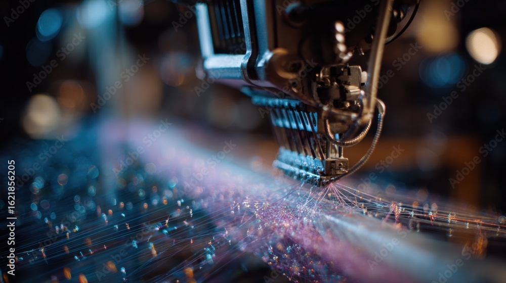 Poster close up of an industrial embroidery machine working on fabric with colorful threads, showcasing the