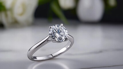 Elegant diamond engagement ring on marble surface with flowers