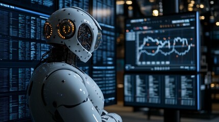 Futuristic robot, white, observing data screens