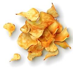 A pile of crispy golden potato chips scattered 