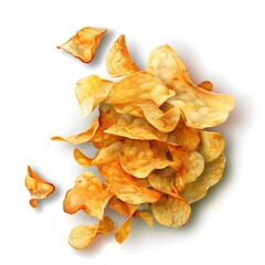 A pile of crispy golden potato chips scattered 