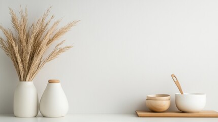 Minimalist Still Life with Decorative Vases and Wooden Bowls