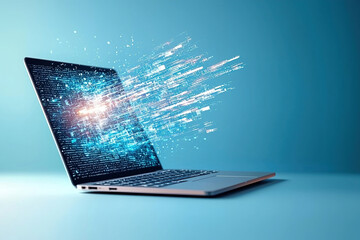Sleek laptop with vibrant display showcases burst of digital data, symbolizing innovation and technology