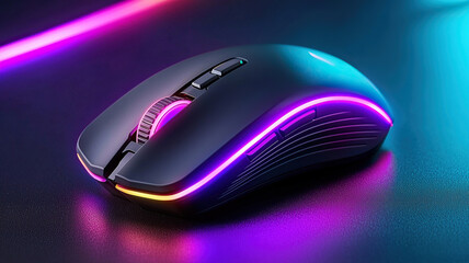 Sleek gaming mouse with vibrant RGB lighting, designed for precision and comfort, resting on stylish black surface
