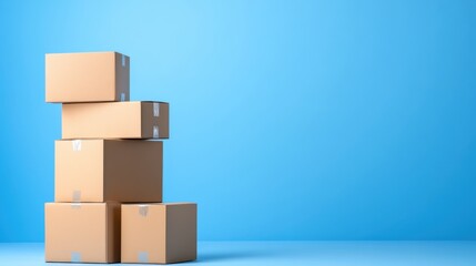 Cardboard Boxes Stacked on Blue Background for Delivery Concept