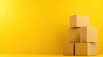 Stacked cardboard boxes on vibrant yellow background in a warehouse