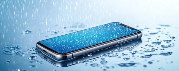 Sleek smartphone lies on wet surface, showcasing its waterproof feature with water droplets glistening on screen