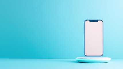 Wireless charging smartphone placed on futuristic charging pad, showcasing modern technology and minimalistic design in vibrant blue setting
