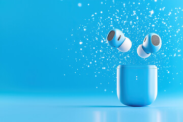Wireless earbuds levitating above sleek blue charging case, surrounded by sparkling particles, create futuristic and vibrant atmosphere