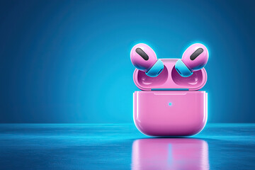 Futuristic wireless earbuds with vibrant pink charging case, showcasing sleek design and modern technology, perfect for music lovers