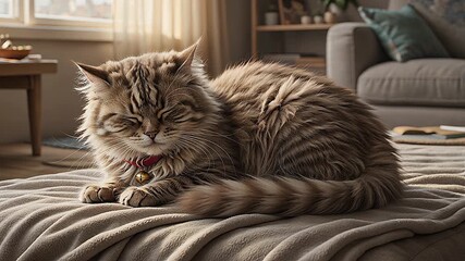 A beautiful, fluffy tabby cat with a red collar and bell sleeps peacefully on a soft, textured bed. Warm sunlight streams into the room, highlighting the cozy, comfortable interior - Powered by Adobe