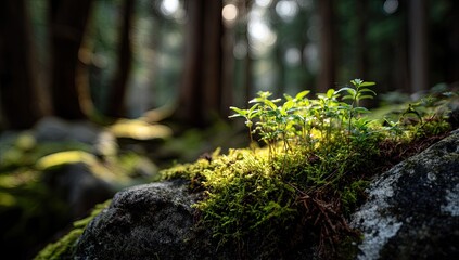 Sunlight filters through forest canopy, illuminating small plants sprouting from mossy rock © rosyad