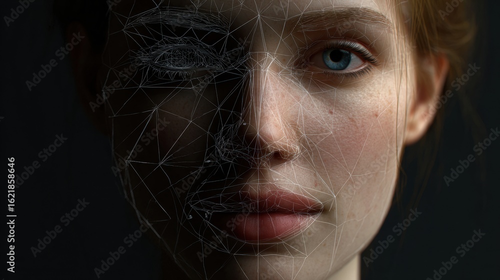 Poster facial mapping graphics displayed on model with neutral skin tone, showcasing intricate details in a