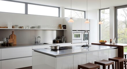 A modern, minimalist white kitchen with a large island, stainless steel countertops, and ample natural light from large windows.