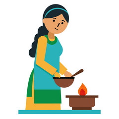 Indian village woman cooking food vector on white background.