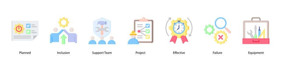 Team Mission web banner icon vector illustration featuring Planned, Inclusion, Support Team, Project, Effective, Failure, and Equipment.